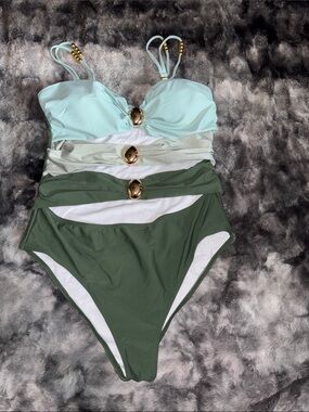 One-Piece Swimsuit in Light Blue and Olive Green - Classic Gold Accent🪝